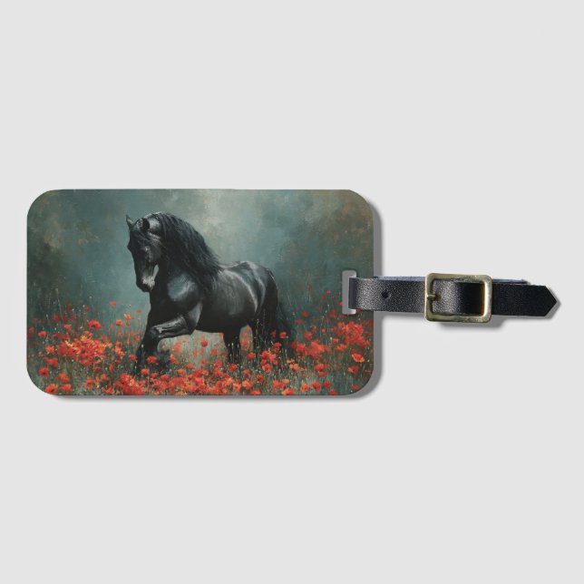 Black Friesian Stallion Red Poppies Gepäckanhänger (Vorderseite (Horizontal))