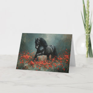 Black Friesian Stallion Red Poppies Karte