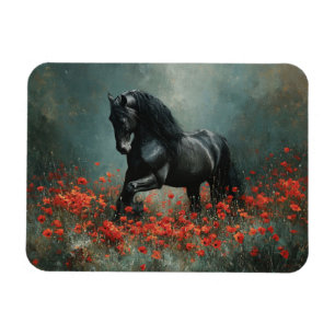 Black Friesian Stallion Red Poppies Magnet
