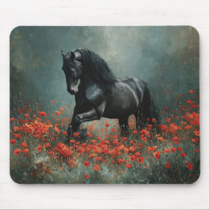 Black Friesian Stallion Red Poppies Mousepad