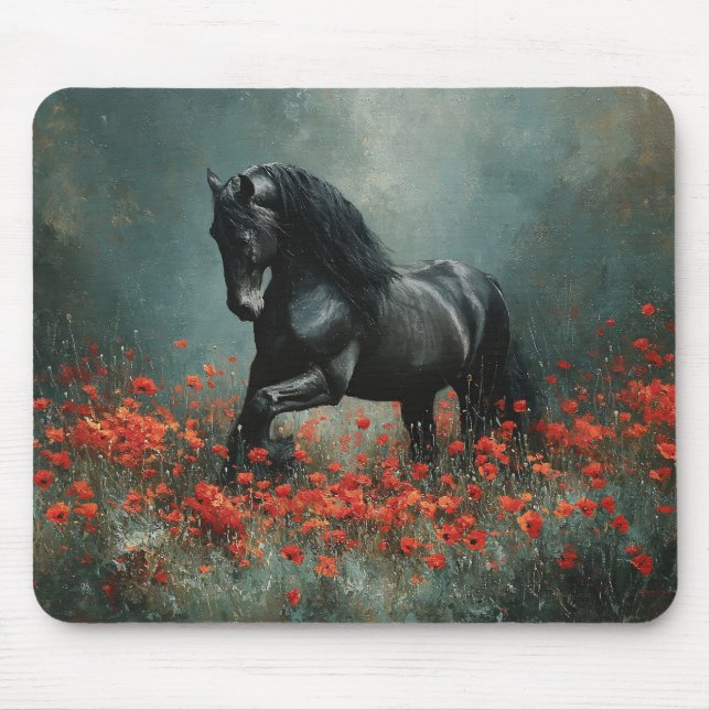 Black Friesian Stallion Red Poppies Mousepad (Vorne)