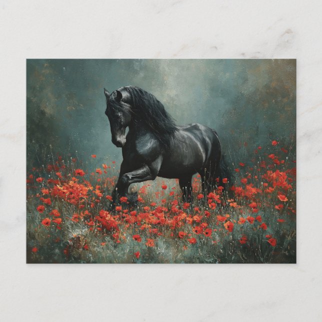 Black Friesian Stallion Red Poppies Postkarte (Vorderseite)