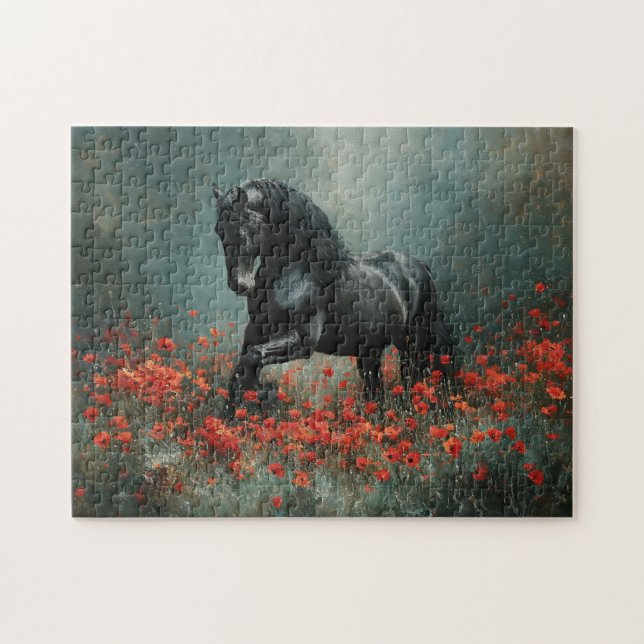 Black Friesian Stallion Red Poppies Puzzle (Horizontal)
