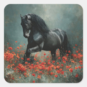 Black Friesian Stallion Red Poppies Quadratischer Aufkleber