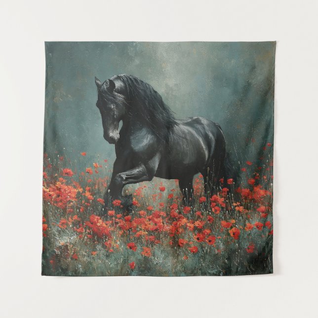 Black Friesian Stallion Red Poppies Wandteppich (Vorderseite)