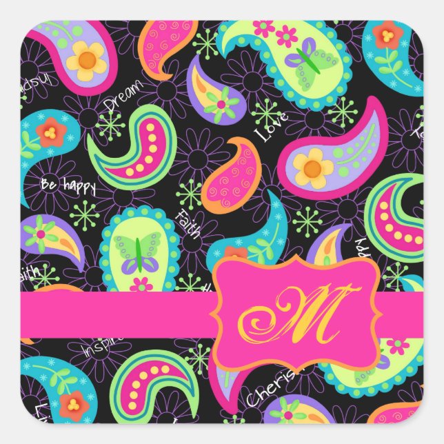 Black Fuchsia Pink Modern Paisley Monogram Quadratischer Aufkleber (Vorderseite)