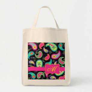 Black Fuchsia Pink Modern Paisley Monogram Tragetasche