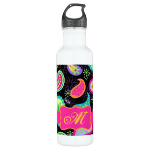 Black Fuchsia Pink Modern Paisley Monogram Trinkflasche