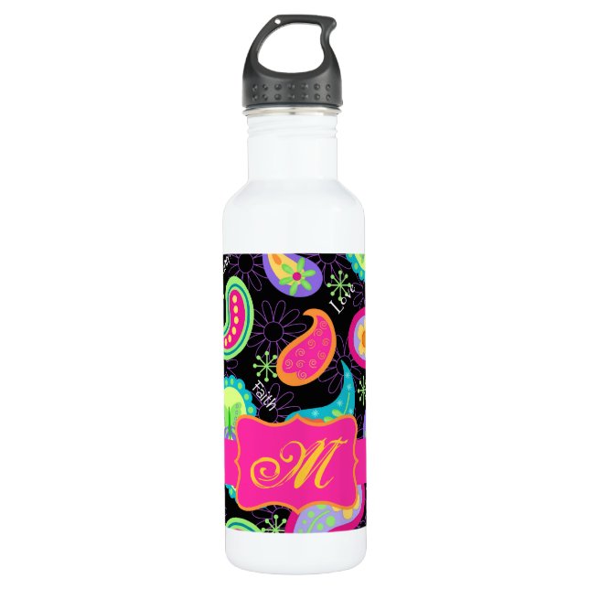 Black Fuchsia Pink Modern Paisley Monogram Trinkflasche (Vorderseite)
