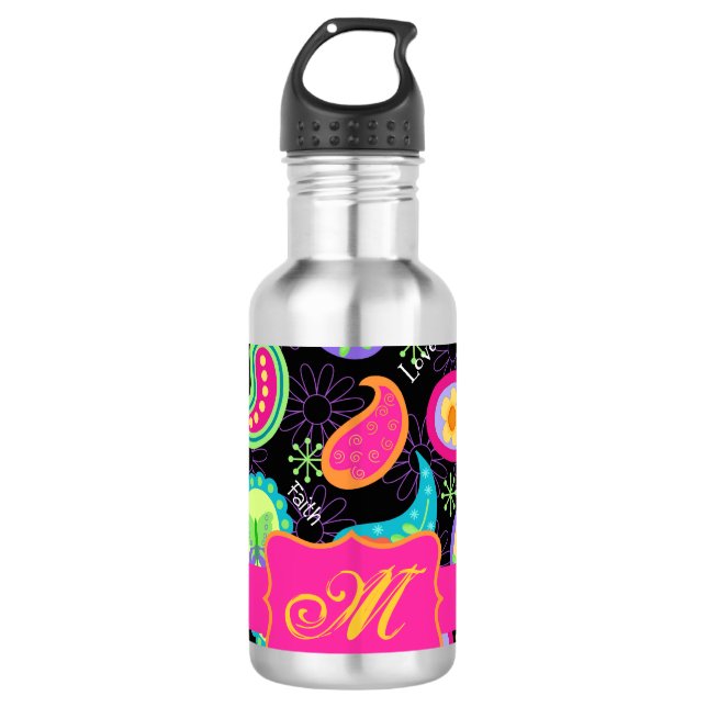Black Fuchsia Pink Modern Paisley Monogram Trinkflasche (Vorderseite)