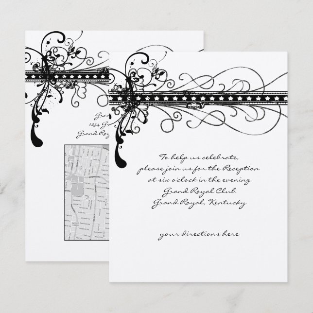 Black Funky Elegant Wirbel Hochzeitsfeiern Einladung (Vorne/Hinten)