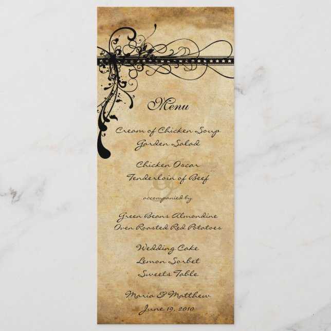 Black Funky Elegant Wirbel Wedding Menu Menükarte (Vorderseite)