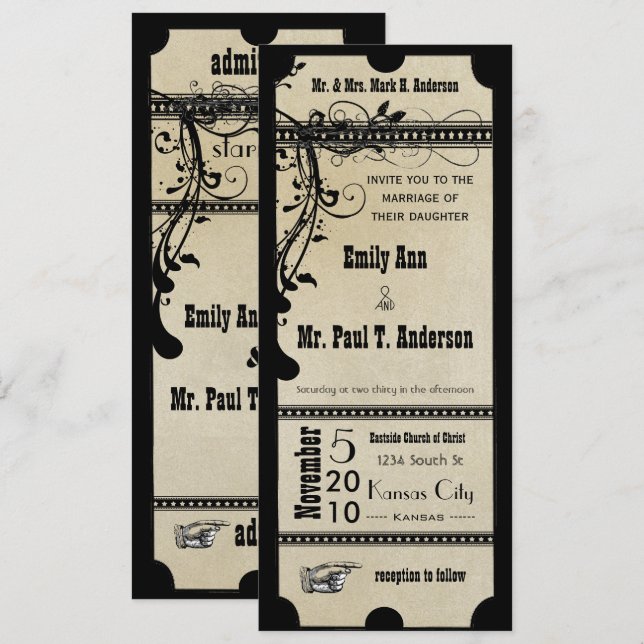 Black Funky Textured Playbill Wirbel Wedding Einladung (Vorne/Hinten)