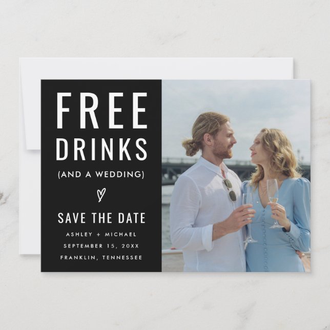 Black Funny Free Drinks Foto Qr Code Hochzeit Save The Date (Vorderseite)
