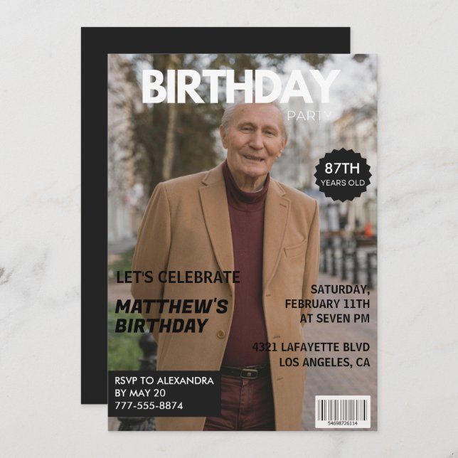 Black Funny Magazine Cover Foto 87. Geburtstag Einladung (Vorne/Hinten)