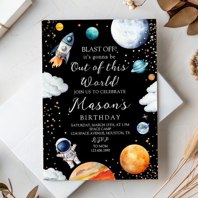 Black Galaxy Rocket & Astronaut Out of This World Einladung (Von Creator hochgeladen)