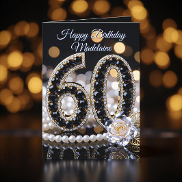 Black Gems White Rose and Pearls 60th Birthday Karte