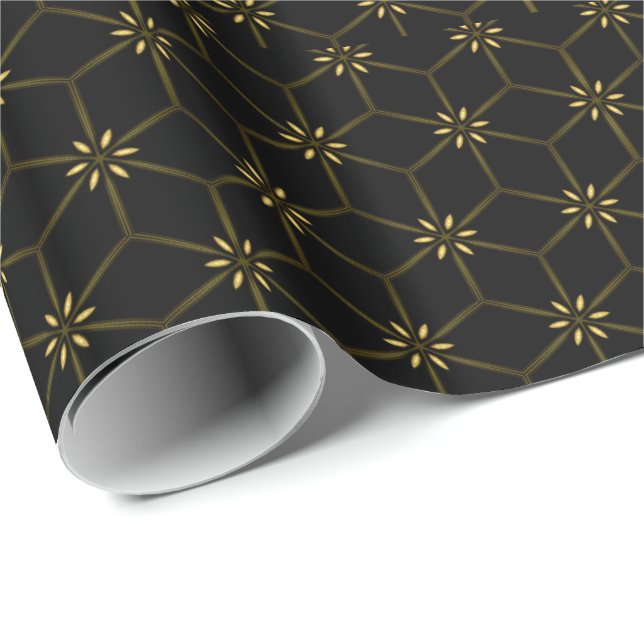Black Geometry Gold Floral Daisies Wrapping Paper Geschenkpapier (Rolleneckpunkt)
