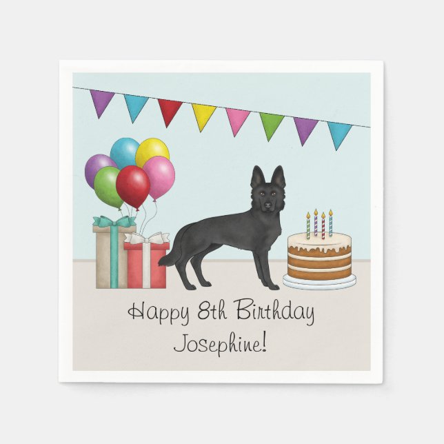 Black German Shepherd farbenfrohe Happy Birthday Serviette (Vorderseite)
