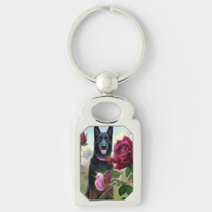 Black German Shepherd in Rose Garden ART Schlüsselanhänger