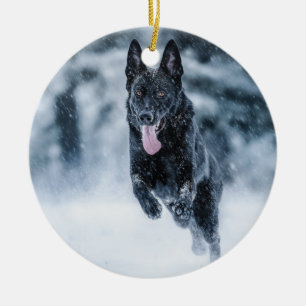 Black German Shepherd in snow Duvet Cover Keramik Ornament