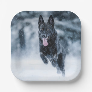 Black German Shepherd in snow Duvet Cover Pappteller