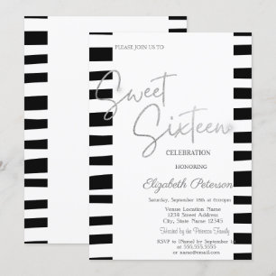 Black gestreifter silberner Schriftzug Sweet 16  Einladung