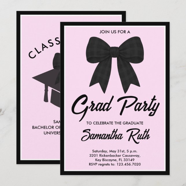 Black Gingham Bow Graduation Party Einladung (Vorne/Hinten)