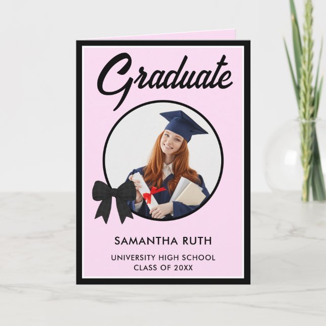 Black Gingham Bow Photo Graduation Karte (Vorderseite)