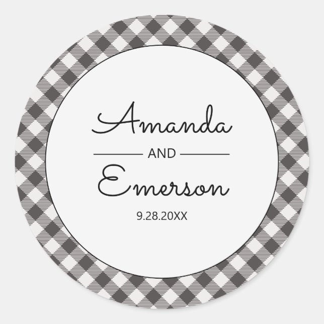 Black Gingham Karo Lässige Custom Wedding Gefallen Runder Aufkleber (Vorderseite)
