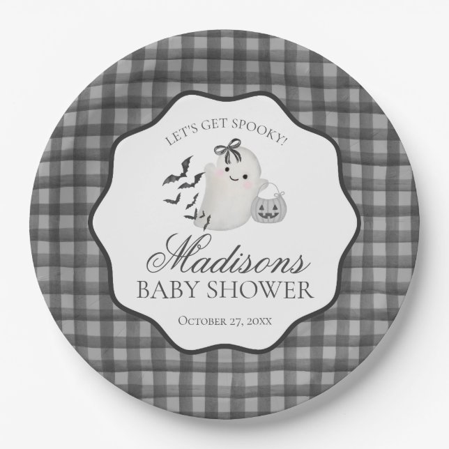Black Gingham Little Boo Ghost Baby Shower Dessert Pappteller (Vorderseite)