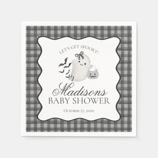 Black Gingham Little Boo Ghost Baby Shower Dessert Serviette (Vorderseite)