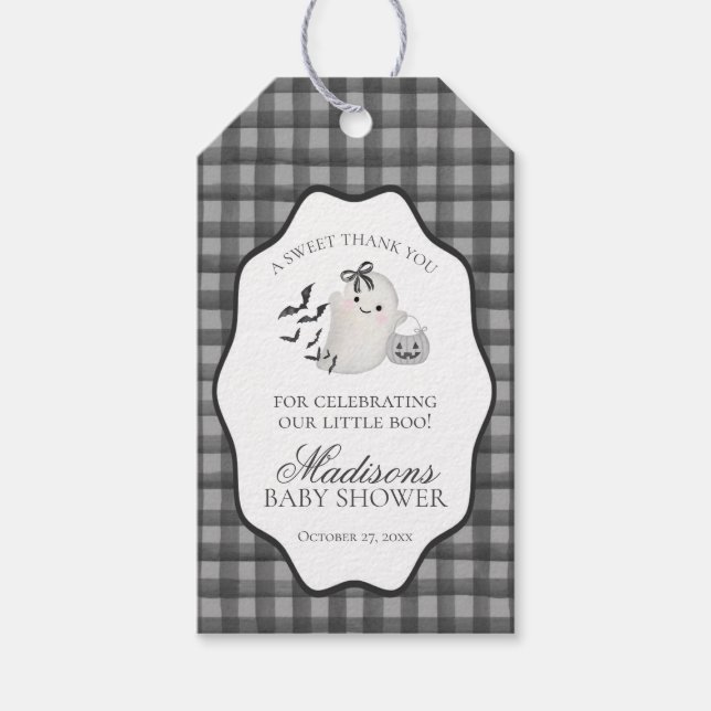 Black Gingham Little Boo Ghost Baby Shower Favors Geschenkanhänger (Vorderseite)