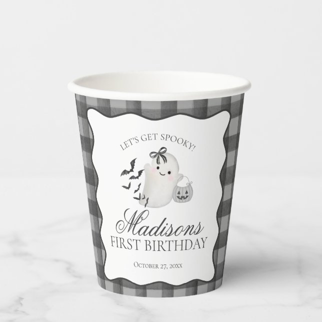 Black Gingham Little Boo Ghost Birthday Coffee Pappbecher (Vorderseite)