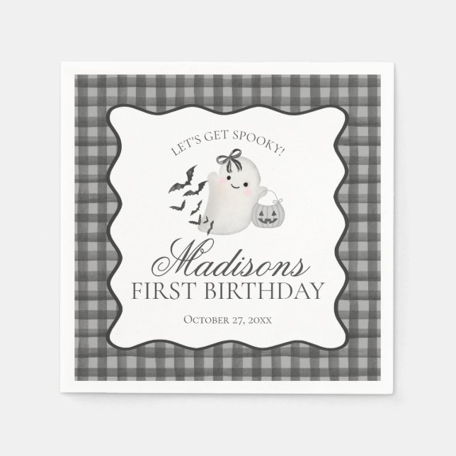 Black Gingham Little Boo Ghost Birthday Dessert Serviette (Vorderseite)