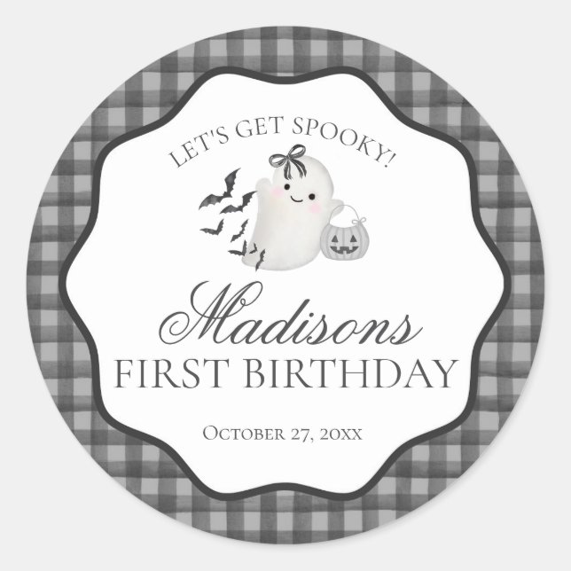 Black Gingham Little Boo Ghost Birthday Party Seal Runder Aufkleber (Vorderseite)