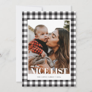 Black Gingham Nice List Foto Weihnachtskarte Feiertagskarte