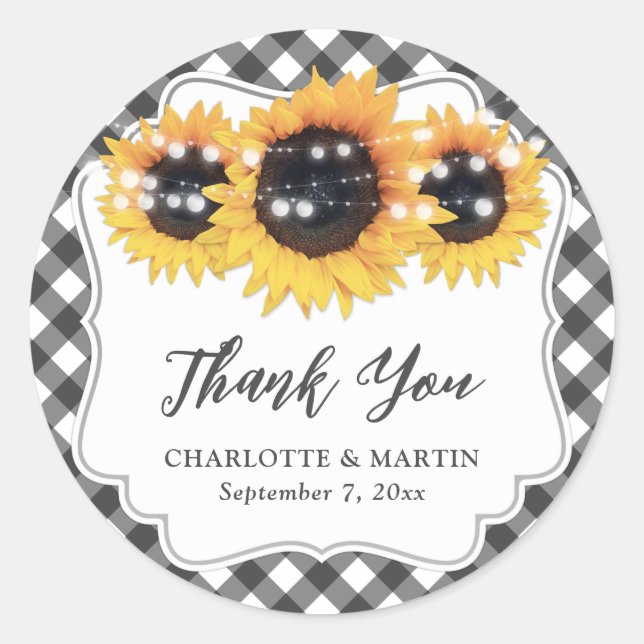 Black Gingham Rustic Sunflower Floral Vielen Dank Runder Aufkleber (Vorderseite)