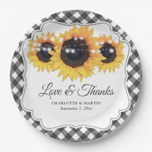 Black Gingham Sunflower Liebe und Dank Hochzeit Pappteller