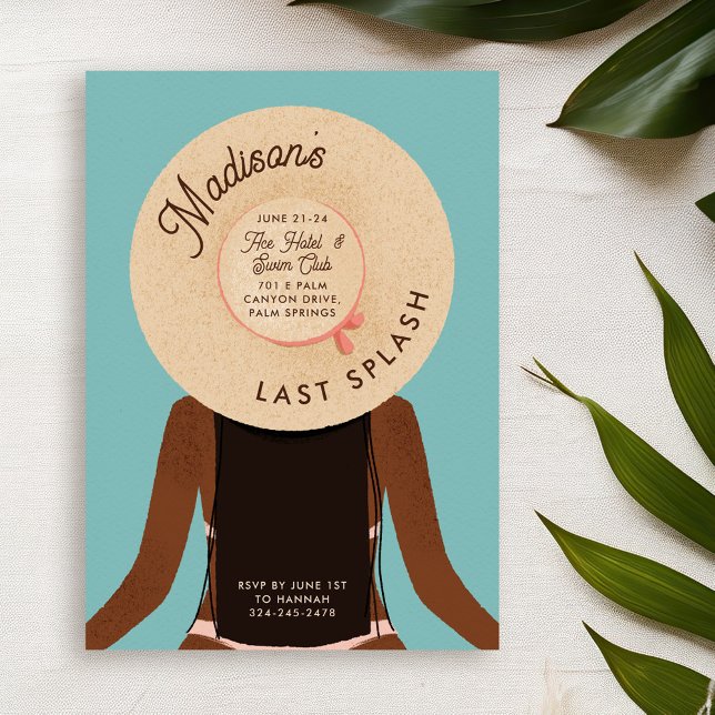 Black Girl Bachelorette Pool Party - Letzter Splas Einladung (black hair and black skin girl wearing a beach hat - bachelorette pool party invitation)