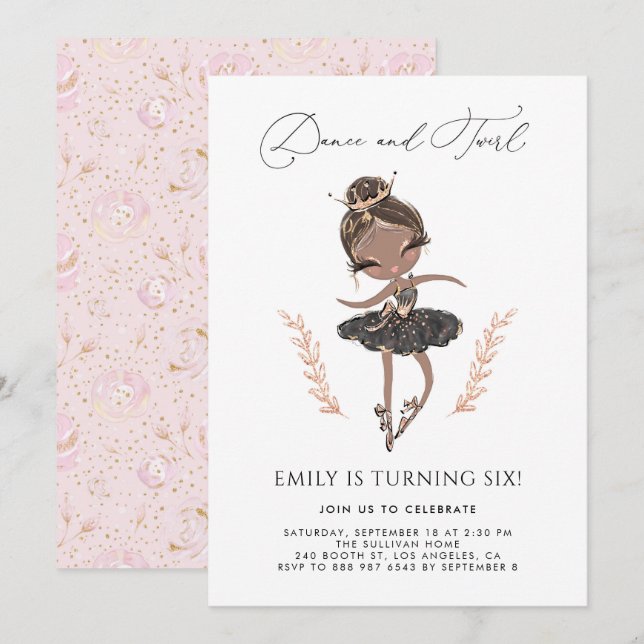 Black Girl Ballerina Schwarzes Kleid Geburtstag Einladung (Vorne/Hinten)