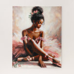 Black Girl Ballet Dancer in Rosa Puzzle<br><div class="desc">Dieses Puzzle enthält ein Ölgemälde einer jungen schwarzen Ballerina mit ihren Haaren in einem hohen Bun und Blume Accessoires. Sie sitzt auf dem Boden und trägt einen rosa Tutu und spitze Schuhe. Die Farbpalette umfasst Pinke und andere helle Farben. Melaninreiche Balletttänzerkunst mit einer femininen,  blumigen Touch!</div>