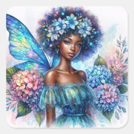 Black Girl Fairy with Afro and Blue Hydrangeas Quadratischer Aufkleber