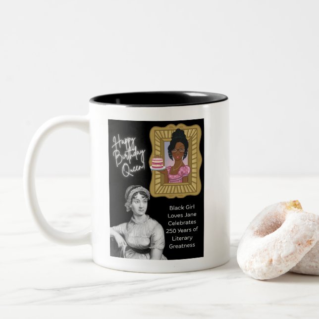 Black Girl Lieben Jane feiert Jane Austen 250 Zweifarbige Tasse (Mit Donut)