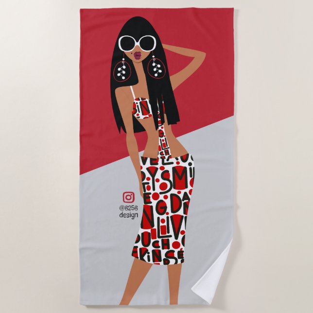 Black Girl on Red, White, Grau und Black Strandtuch (Vorderseite)