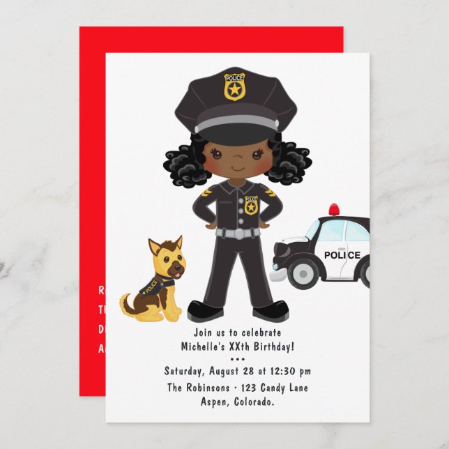 Black Girl Police Officer Party Birthday Einladung (Vorne/Hinten)