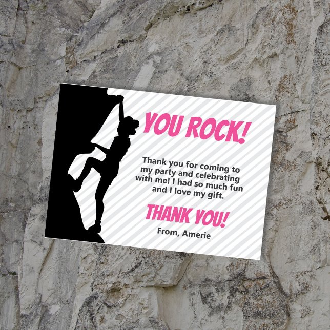 Black Girl Rock Climbing Party Dankeskarte (Black Girl Rock Cllimbing Birthday Thank You Cards featuring a girl with afro puffs. Gray and pink)