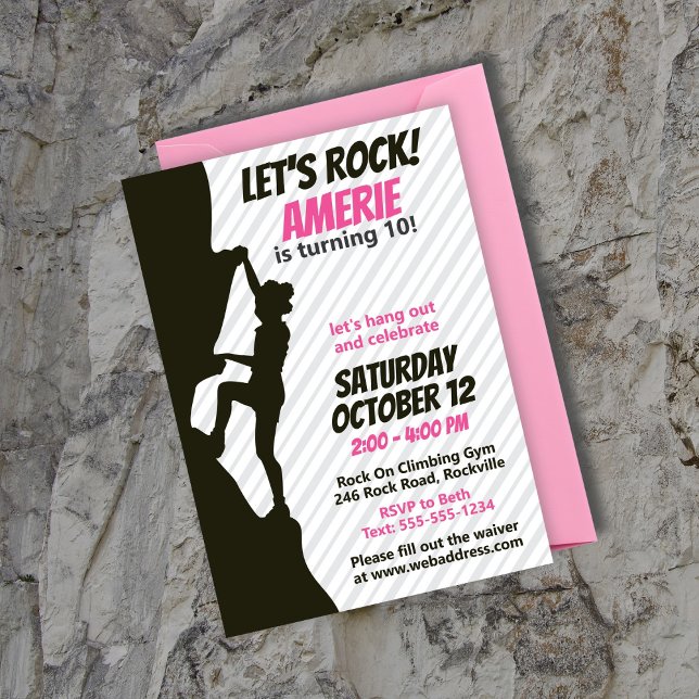 Black Girl Rock Klettern Geburtstag Einladung (Rock Climbing Party Invitation features the silhouette of a black girl climbing a rock. Pink & gray)
