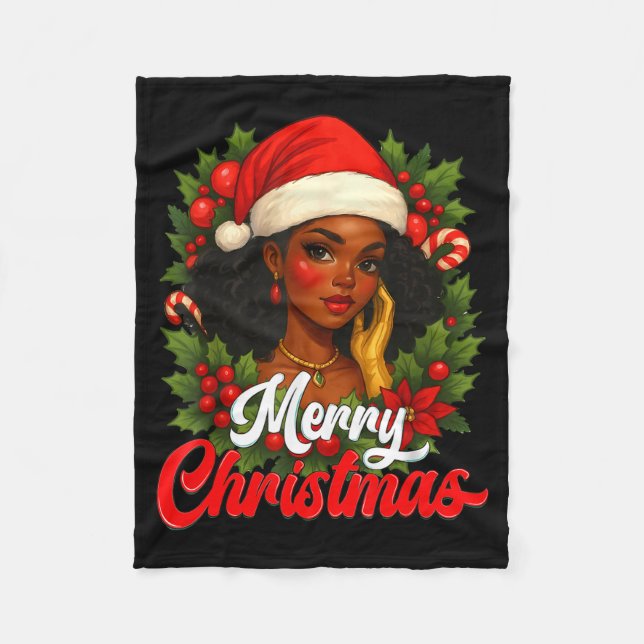 Black Girl Santa Hat Merry Christmas Pajama Africa Fleecedecke (Vorderseite)
