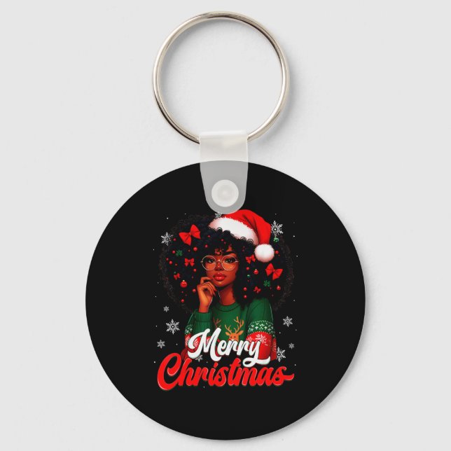 Black Girl Santa Hat Merry Christmas Pajama Africa Schlüsselanhänger (Vorderseite)